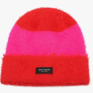 Kate Spade New York Vibrant red and pinawning stripe fuzzy beanie New with Tags